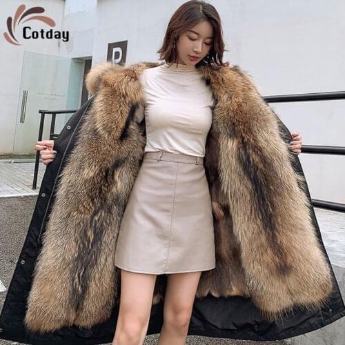 Cotday Slim Casual Fur Collar Parka Women 2021 Winter Coat With Detachable Imitation Mink Fur Black Long Coat Keep Warm Jackets