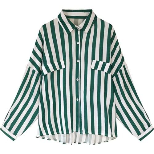 Spring Womens Blouses Ins Chiffon Student Shirt New Large Size Bf Net Red Loose Vertical Striped Shirt Bottoming Shirt