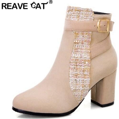 REAVE CAT Womens winter high boots Ankle boots Flock Buckle Patchwork Female mujer Boat for woman Round toe Color texture S2402