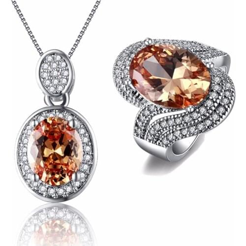 Luxury Women Jewelry Set Big Oval Shape Crystal CZ Bridal Jewellry Sets Ring+Pendant Necklace Set Boucle Femme ASM007