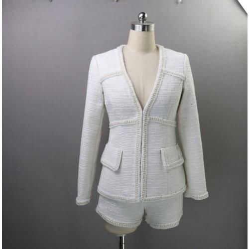 Autumn Winter Tweed Shorts Sets Women Long Sleeve Suit Jacket Blazer 2 piece Set Wool Runway Brand Woolen Pearl Beads Clothes
