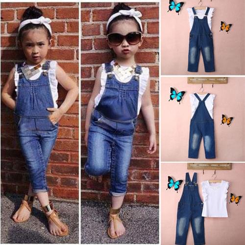 Vest + Jeans Summer 2pcs Girls Clothes Set Dungarees White Vest Tops Overalls Denim Pants Outfits Children Clothes Sets
