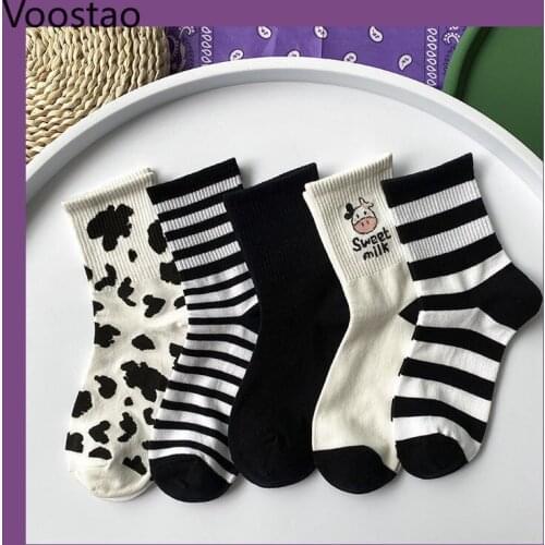10Pcs/5Pairs Sweet Girl Cartoon Pattern Cotton Socks Couple Japanese Preppy Style Kawaii Cows Print Lolita Socks Women JK Socks