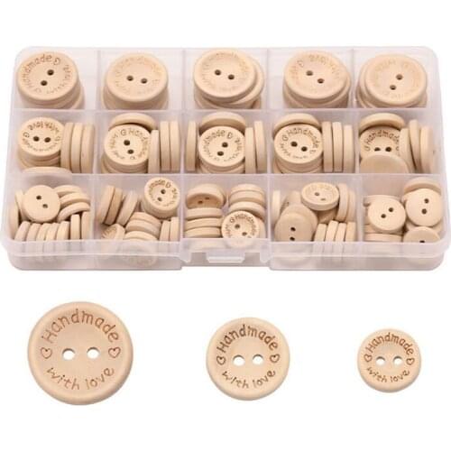 140PCS/lot Multi-size Natural Color Wooden Buttons Handmade Love Letter Wood Button Craft DIY Baby Apparel Accessories with Box