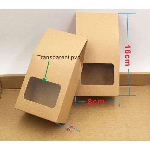20pcs 8*5*16cm Kraft Paper Candy Box for Wedding Decoration Vintage Kraft Wedding Favors and Gifts Box with rectangle clear pvc