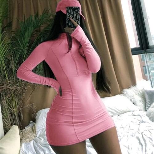 2021 Women Pencil Dress Solid Bodycon Zipper Deep V-Neck Long Sleeve Tight Short Clubwear Party Slim High Waist Clothing