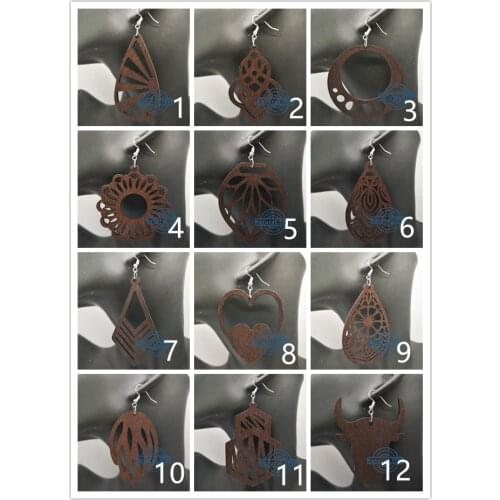 2021 Brown Color Laser Cut African Hoop Wooden Earrings
