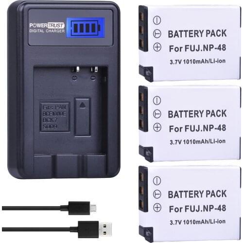PowerTrust 3Pcs NP-48 NP 48 NP48 Rechargeable Li-ion Battery and LCD USB Charger for Fujifilm XQ1 and XQ2 Cameras