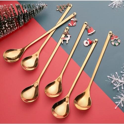 6Pcs Stainless Steel Long Handle Coffee Spoon Mixing Stirring Spoon Ice Cream Sugar Tea Dessert Soup Coffee Tools Kitchen Gadget