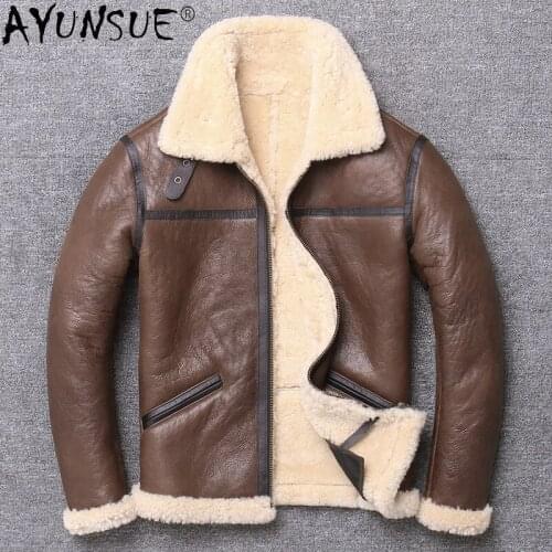 AYUNSUE Mens Genuine Leather Winter Jacket Men Real Fur Coat Sheepskin Shearling Jacket Warm Motorcycle Vintage Coats X-L1962