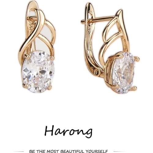 Harong Large Crystal Zircon Stud Earrings Metal Copper Gold-plated Quality Small Aesthetic Jewelry Leaf Ear Clip For Woman