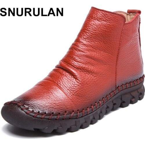 SNURULANFashion genuine leather pleated size 35-39 female ankle boots women waterproof womans warm shoes winter boots plushE484