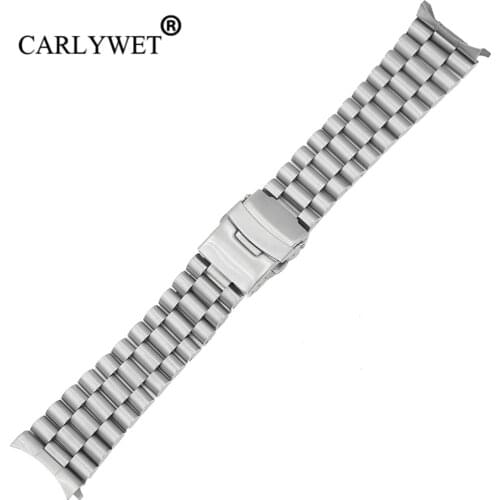 CARLYWET 20 22mm Silver Hollow Curved End Solid Links Replacement Watch Band Strap Bracelet Double Push Clasp For Seiko