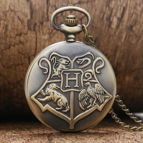Retro Bronze Shield watches School of Witchcraft and Wizardry Pocket Watch Motto Badge Snake Lion Eagle Wolf Watch for Men Wome