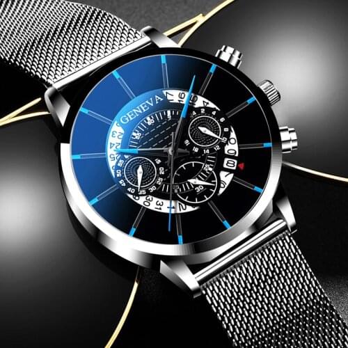 Reloj hombre 2021 Mens Fashion Business Calendar Watches Blue Stainless Steel Mesh Belt Analog Quartz Watch relogio masculino