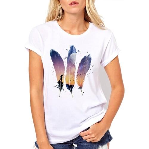 Brand Tshirt Womens Fashion Feather Moon Balloon Print T-shirt Summer Short Sleeve Casual Tops Woman Tees