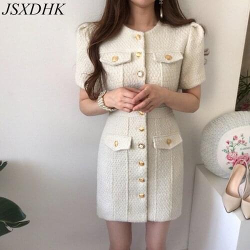 JSXDHK High Qualtiy Chic New Autumn Tweed Dress Elegant Women Single breasted Short Sleeve Female O Neck Bodycon Slim Mini Dress