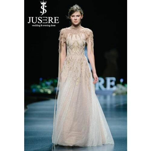 JUSERE FASHION SHOW Hight Collar Cap Sleeve Long Evening Dress Formal Party Gowns Vestido de festa longo Robe De Soiree