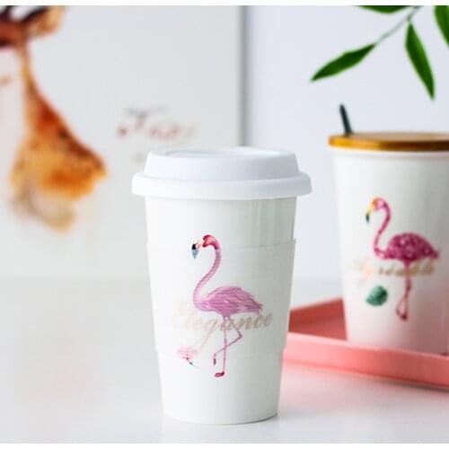 Flamingo Ceramic Coffee Mug With Silicone Lid White Large Capacity Milk Tea Drning Cups Portable Creative Office Drinkware Gift