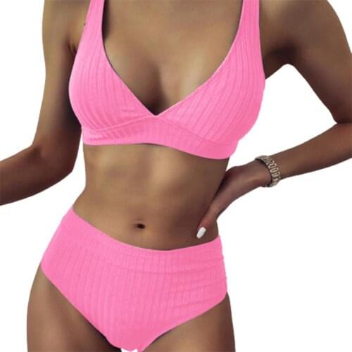 Bikini Set Solid Color Sexy Deep V Neck Bathing Suit Two Pieces Set Women Ribbed Bra Briefs Swimwear Summer Women Swimsuit
