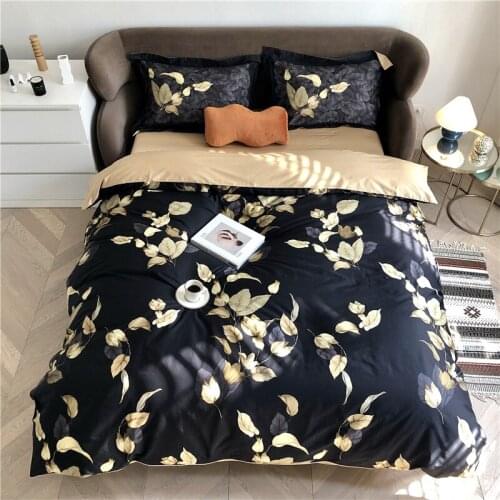 Golden Leaves Duvet Cover Bed Sheet Set For Home 4Pcs Black Luxury Egyptian Cotton Bedding Comforter Set For Adults And Children