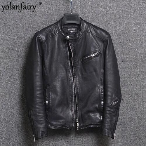 Vintage Genuine Leather Jacket Men Motorcycle Sheepskin Coat Short Slim Mens Leather Jacket Veste Cuir Homme 2-cn15a-9s KJ2315