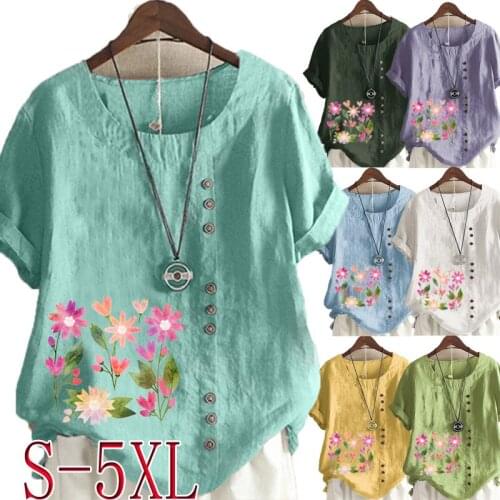 Summer Fashion Womens Printed Short-sleeved Round Neck Shirt Ladies Cotton and Linen Button Top Loose T-shirt Plus Size Top