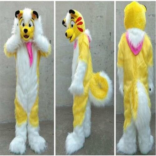 Halloween Fursuit Yellow Long Fur Husky Fox Dog Fox Mascot Costume Suit Animal Unisex Adult Cosplay Party Game Outfit Dress Xmas