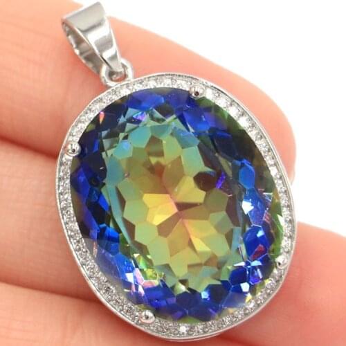 40x21mm Luxury Jewelry Set 17.1g Created Fire Rainbow Mystic Violet Topaz CZ Ladies Dating Silver Earrings Pendant Eye Catching