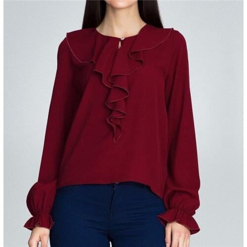HUAN BEAUTY Autumn Chiffon Shirt Women Solid O Neck Ruffled Long Sleeve Chiffon Blouse Ladies Top Plus Size HB-M7315