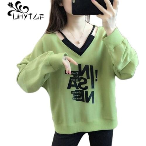 UHYTGF Fake Two-piece Spring Autumn Sweatshirt Womens Long Sleeve V-Neck Pullover Loose Oversized Hoodie Cute Girl Thin Top 1757