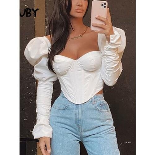 SRUBY Sexy Deep V-neck Crop tops White Puff sleeve Crop top Women Elegant Bubble Sleeve Skinny Bodycon Tees Tank Top Corset