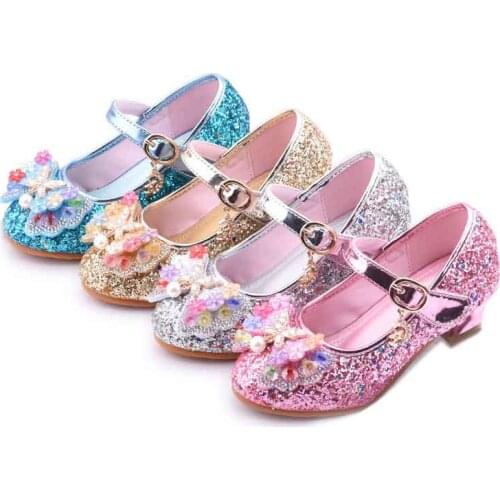 Princess Girls Fancy Dress Shoes Pearl Star Shining Shoes Kids High-heel Leather Shoes Students Piano Performance Dance Moccasin