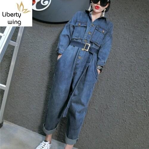 Vintage Women Boyfriend Loose Fit Casual One Piece Jeans Female Belt Sashes Denim Jumpsuits European Overalls Big Pockets Blue