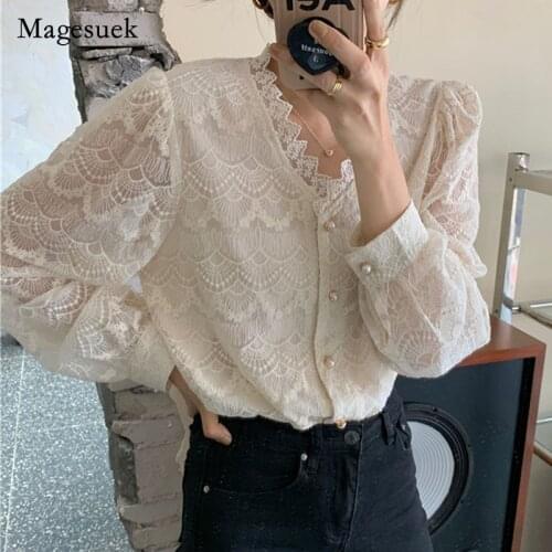 Womens Blouse Spring Embroidery Crochet Lace Elegant Shirt Ladies New Gentle V Neck Long Sleeve Casual Women Tops Blusas 14761