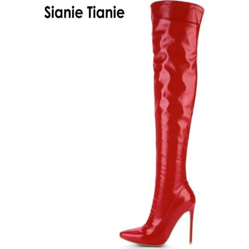 Sianie Tianie patent PU leather pointed toe 12cm thin high heels sexy woman shoes red black white over the knee high long boots