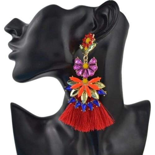 Luxury Hyperbole 7 Colors Gold Alloy Fringe Charms Acrylic Crystal Flower Thread Tassel Fashion Women Drop Dangle Earrings 2018