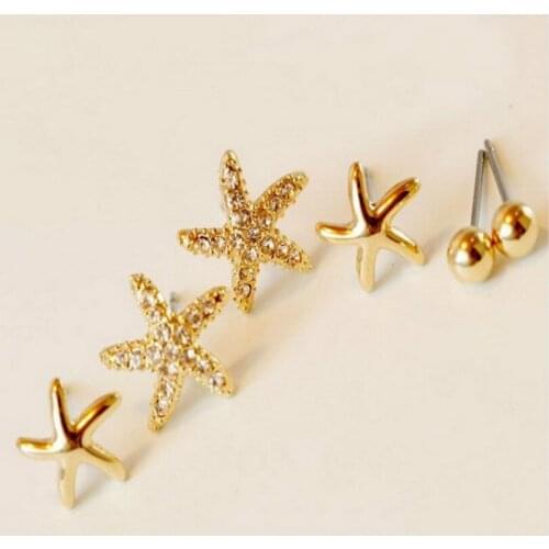 Korean Fashion Jewelry Cute Flower Crystal Stud Earrings Three Piece Marine Starring Stud Womens Elegant Earrings