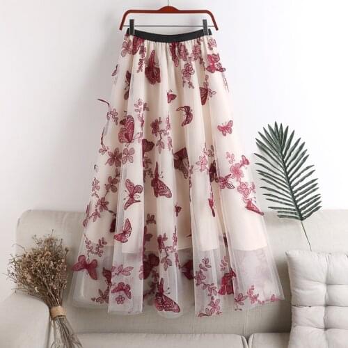 Summer Women Skirts Hand-embroidered Embroidered Mesh Large-line A-line Skirts Elastic Elastic and Tight High-waisted Skirts