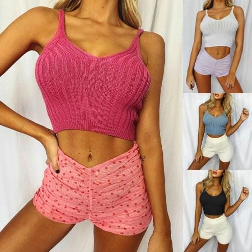 2020 new womens short sweater sexy suspender top V-neck solid color top fashion sleeveless leakage top Knitted Top