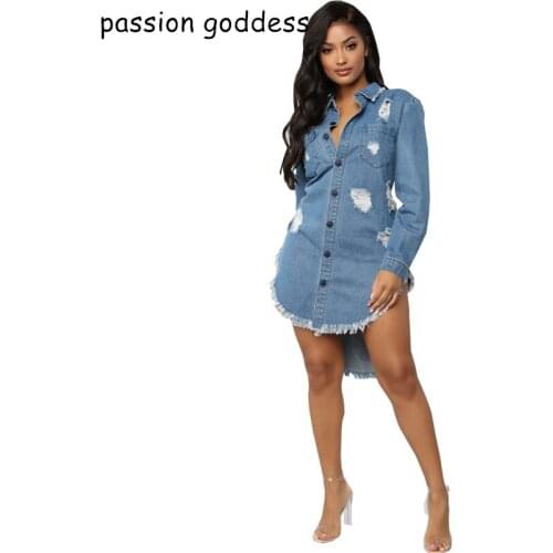 2021 Autumn Plus Size 3XL Women Casual Blue Long Jeans Dress Asymmetrical Long Sleeve Hole Tassel Patchwork Vintage Denim Dress