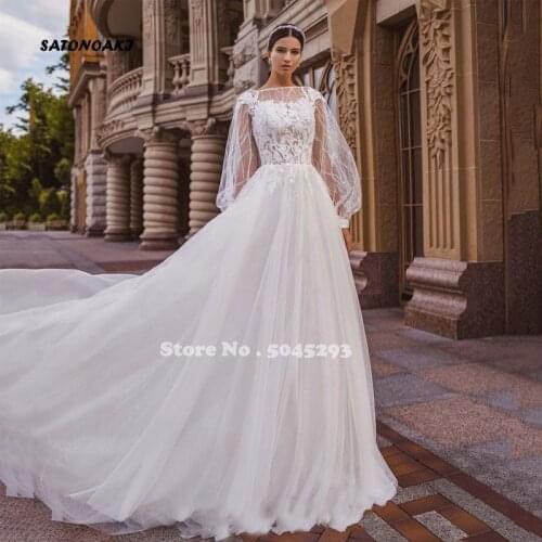 Beach Puffy Long Sleeve Wedding Dress Lace Appliques Shiny Sequin Tulle Sweep Train Vintage Bridal Gowns Robe De Mariée Vestidos