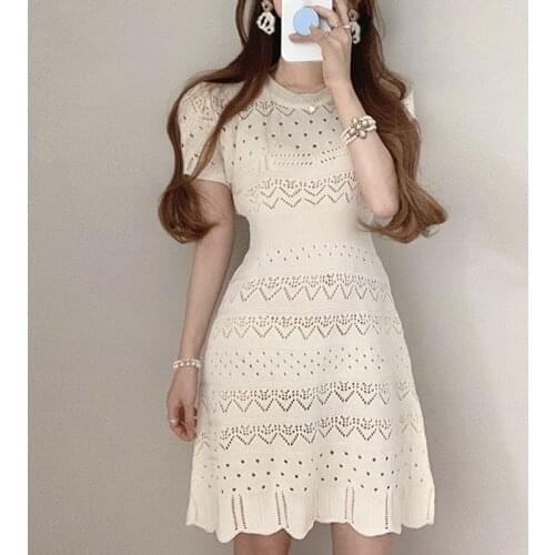 Korean Fashion Short Sleeve Hollow Out One Piece Woman Dress 2021 Summer Female Vintage Temperament Elegant Mini Knitting Dress
