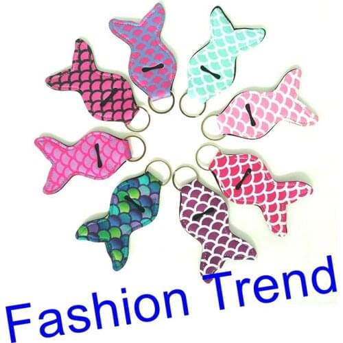 80pcs/lot free shipping 8 colors of mermaid chapstick holder colorful keychain women lipstick case neoprene lip balm holder