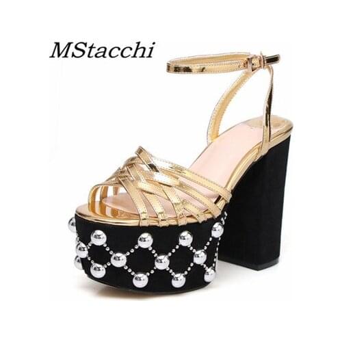MStacchi Fashion Rivet Women Platform Chunky Heels Sandals Woman Ankle Buckle Peep Toe Pumps Ladies Party High Heels Shoes Woman