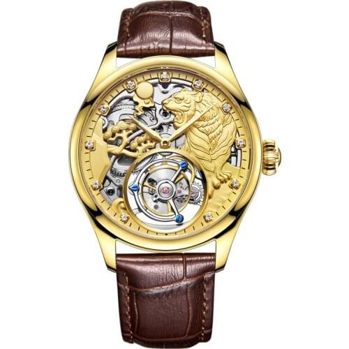 New Luxury Golden Tiger Skeleton Dial Mens Tourbillon Mechanical Watch Crocodile Leather Men Watch Business Sports Reloj Hombre