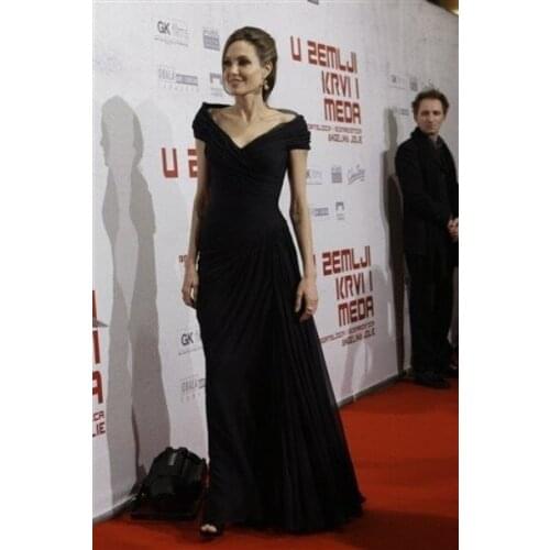 Real Picture Custom Made Long Dresses Black Chiffon Celebrity Dresses Red Carpet Shoulder Short Sleeve Real Evening Prom Party