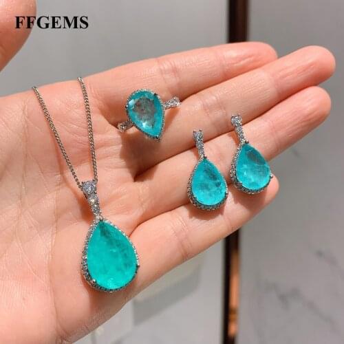 FFGems High Quolity Paraiba Emerald Big Teardrop Gemstone Silver Gold Color Earrings Necklace Sets for Women girl Gift Wholesale