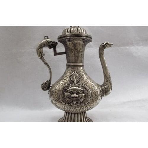 12 White Copper Silver Dragon Handle Phoenix Mouth Foo Dog Lion Flagon wine pot