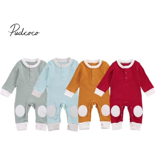 Newborn Baby Girl Boy Long Sleeve Jumpsuit Autumn Fresh Color Contrast Patch One Piece Long Pants Ribbed Romper